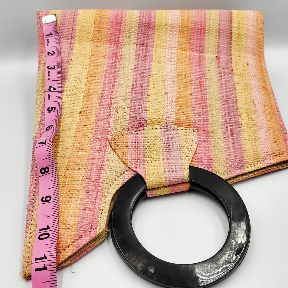 Geometric Rainbow Structured Striped Handbag Tote Bag with Wooden Handles - Picture 8 of 12